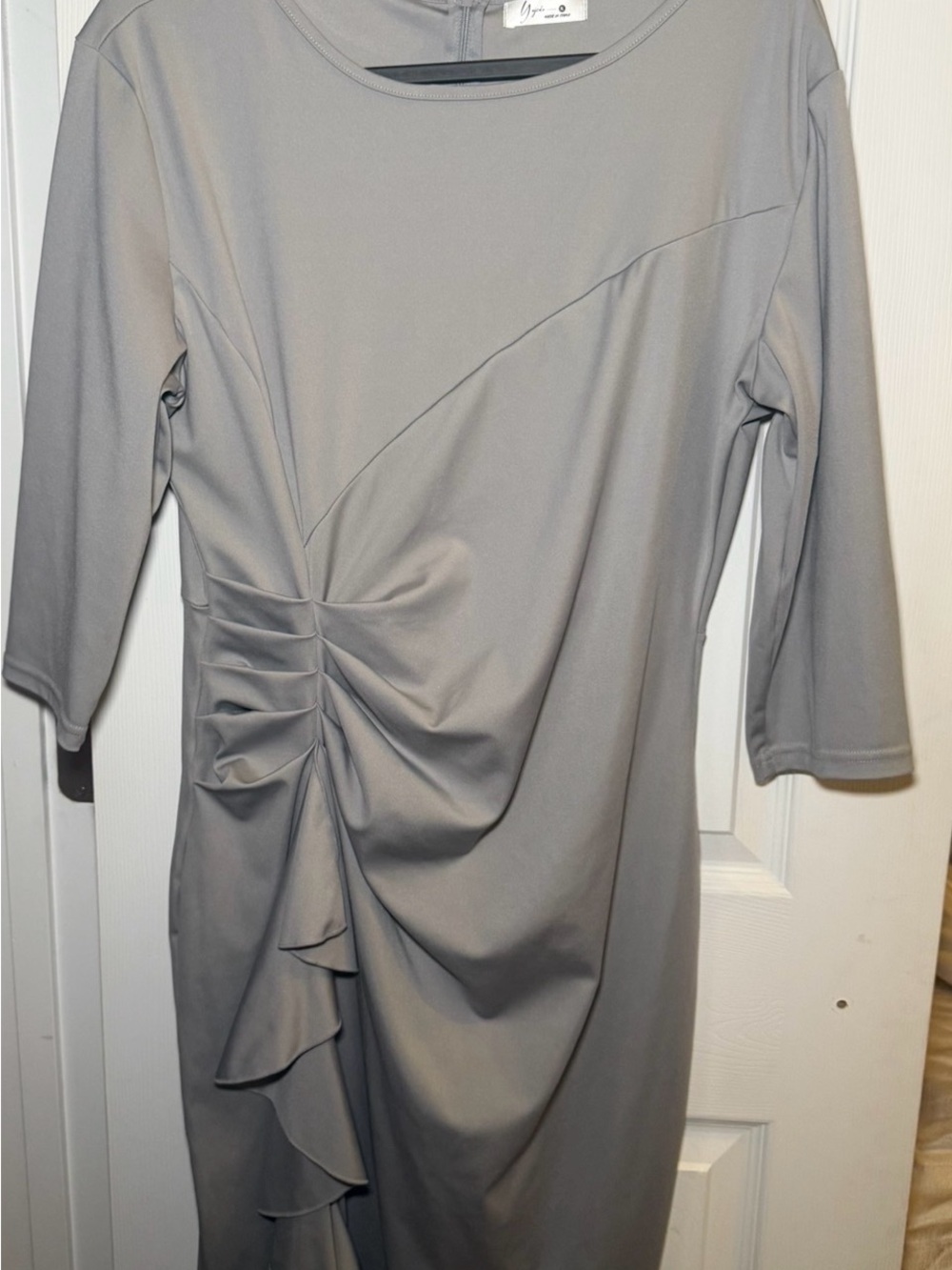 Gray Ruched Midi Dress with Asymmetrical Ruffle